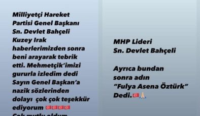 MHP Lideri Bahçeli’den Fulya Öztürk’e Yeni İsim: ‘Bundan Sonra Senin Adın…