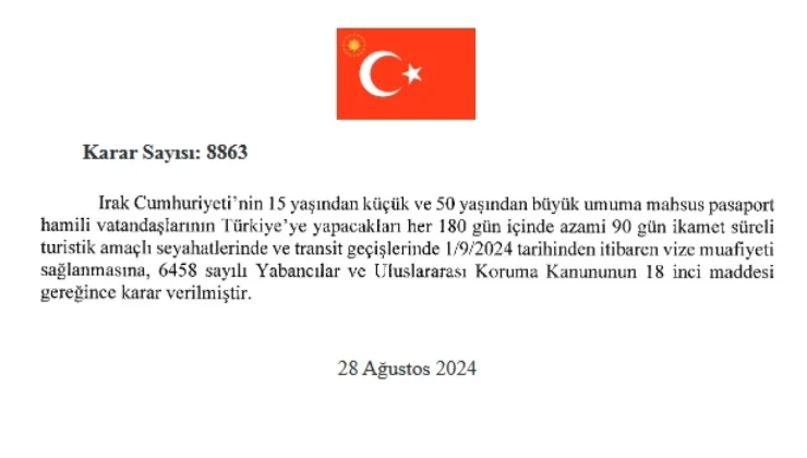 Irak Cumhuriyeti Vatandaşlarına Vize Serbestisi Kararı Resmi Gazete’de Yayımlandı